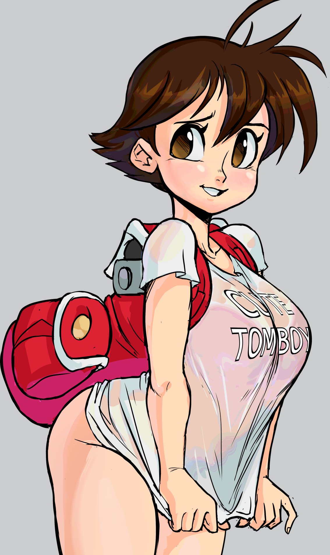 1girl, backpack, bag, bent_over, bra, breasts, brown_eyes, brown_hair, english_commentary, english_text, highres, large_breasts, looking_to_the_side, no_pants, pink_bra, see-through, shirt, short_hair, solo, teevo, tomboy, umihara_kawase, umihara_kawase_(character), underwear, white_shirt