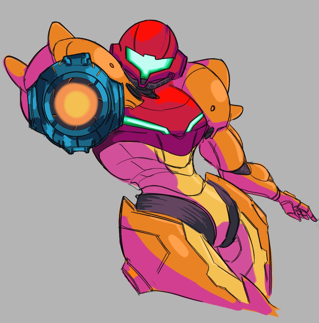 1girl, aiming, aiming_at_viewer, arm_cannon, chef033, grey_background, leaning_back, looking_at_viewer, metroid, power_armor, samus_aran, solo, visor, weapon