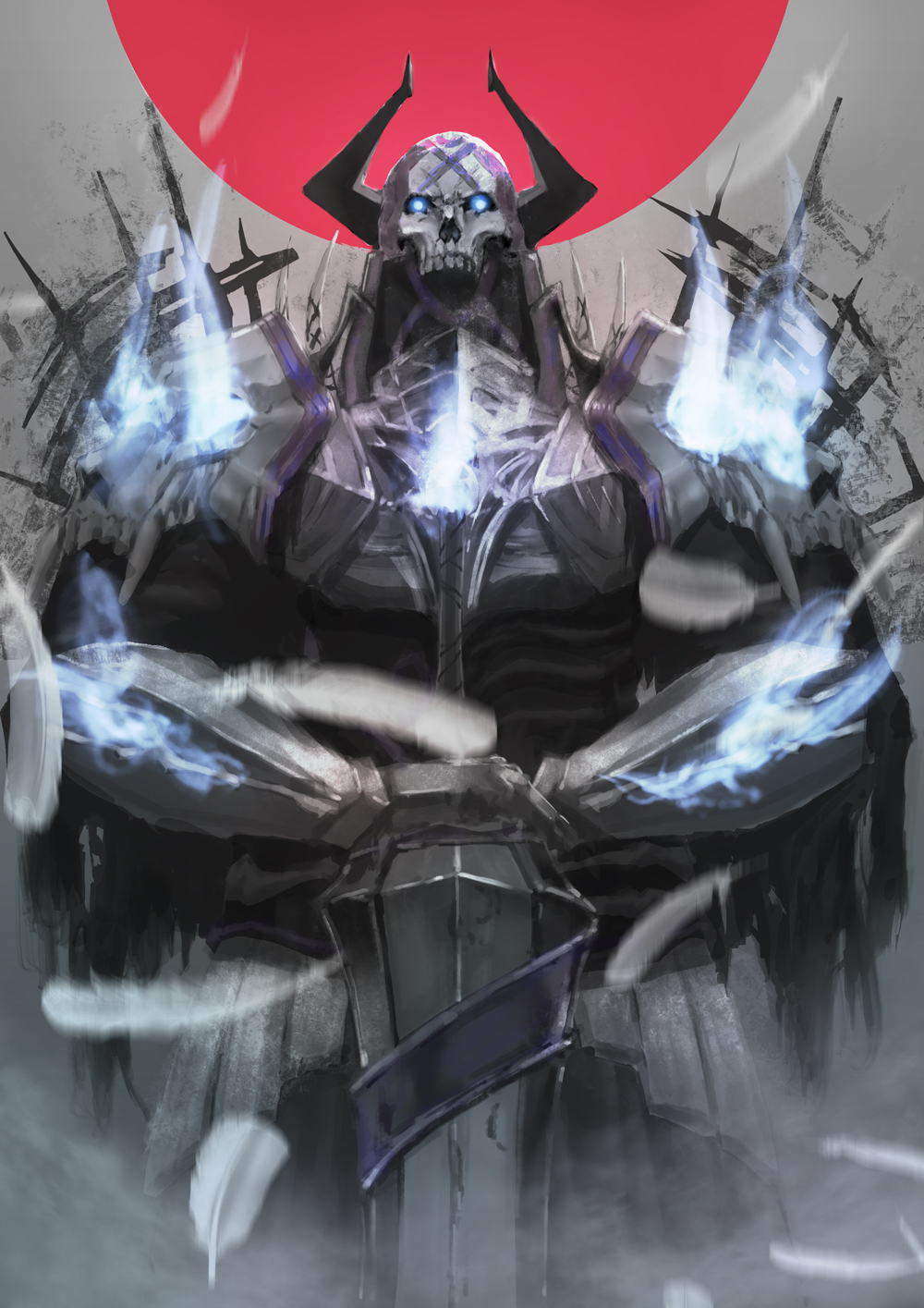 1boy, armor, black_armor, black_horns, blue_eyes, blue_fire, burning, fate/grand_order