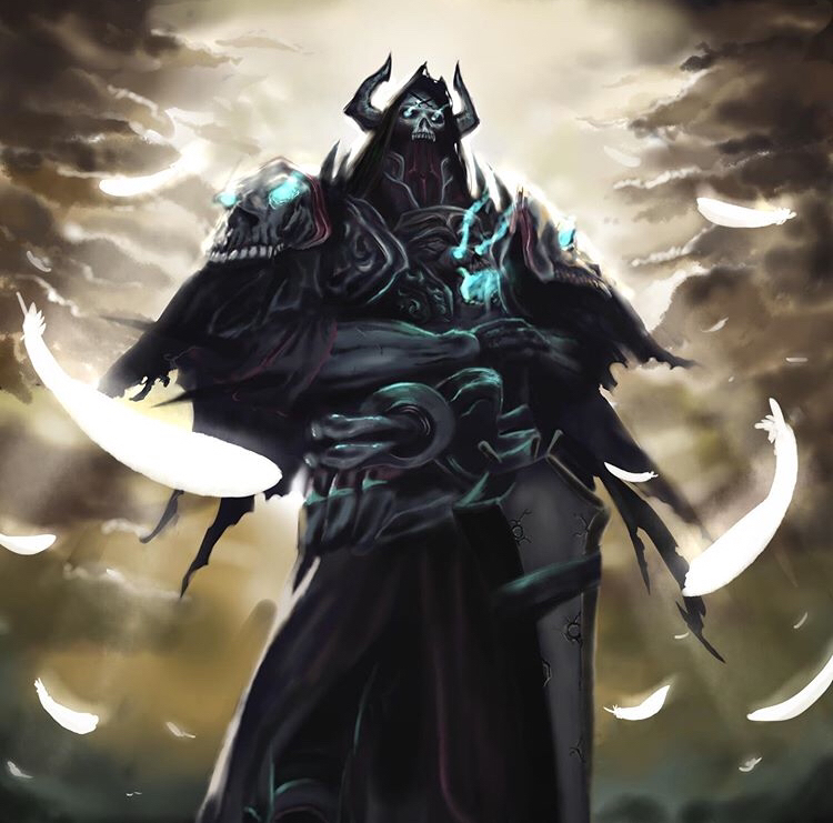 1boy, armor, black_armor, black_horns, blue_eyes, blue_fire, burning, fate/grand_order, fate_(series), feathers, fire, flame, flaming_eye, glowing, glowing_eyes, holding, holding_sword, holding_weapon, hood, hood_up, horns, king_hassan_(fate/grand_order), looking_at_viewer, male_focus, rayillust, skull, skull_mask, solo, spikes, sword, weapon