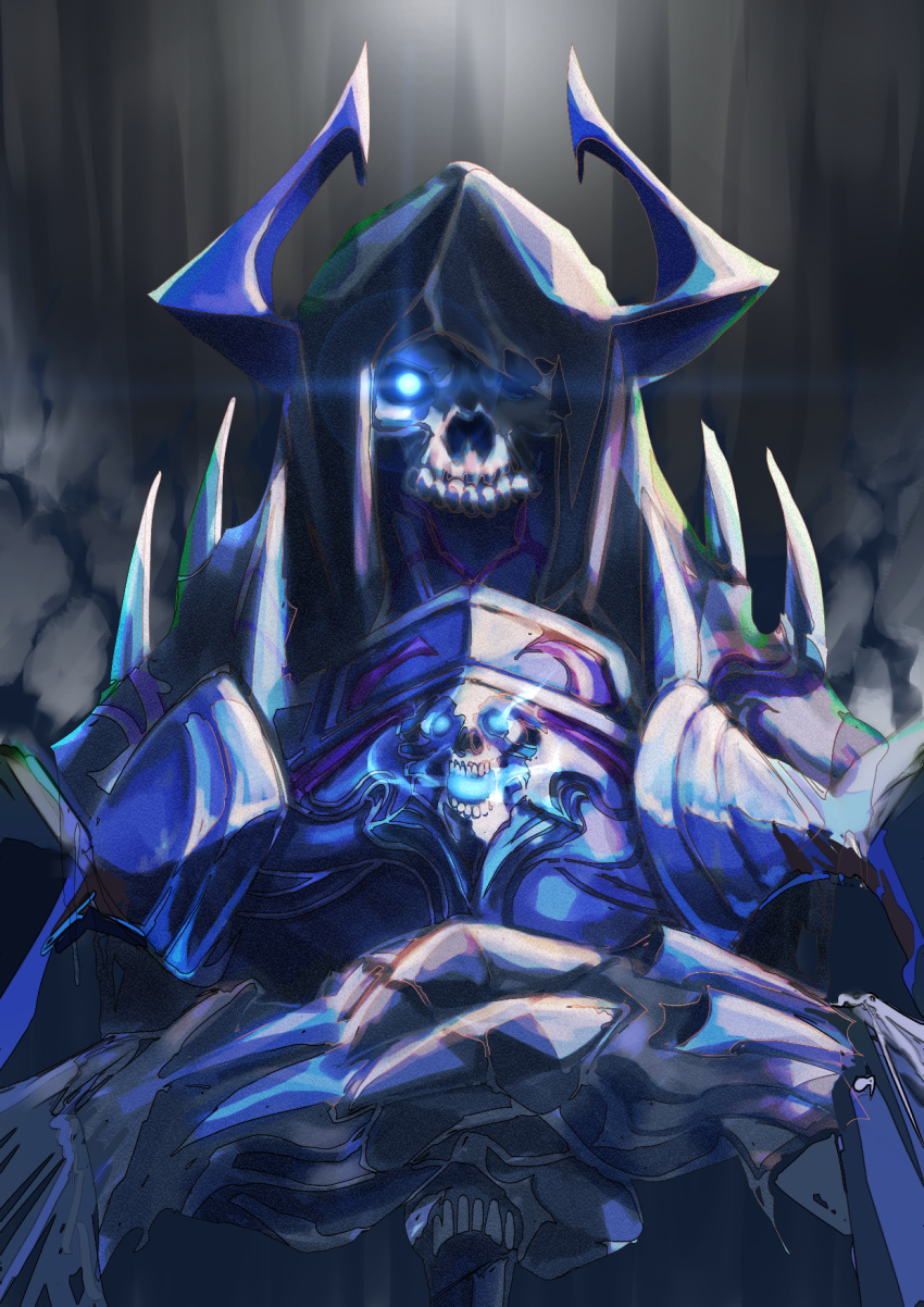 1boy, armor, azumasouya, black_armor, black_horns, blue_eyes, blue_fire, burning, fate/grand_order, fate_(series), fire, flame, flaming_eye, glowing, glowing_eyes, highres, holding, holding_sword, holding_weapon, hood, hood_up, horns, king_hassan_(fate/grand_order), looking_at_viewer, male_focus, skull, skull_mask, solo, spikes, sword, upper_body, weapon
