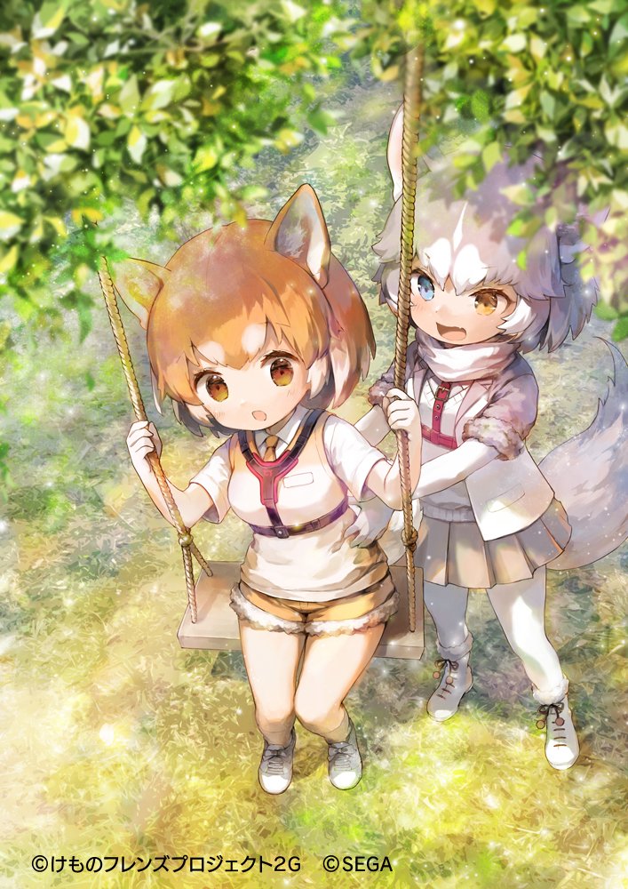 2girls, 888myrrh888, animal_ears, blue_eyes, blush, boots, brown_eyes, brown_neckwear