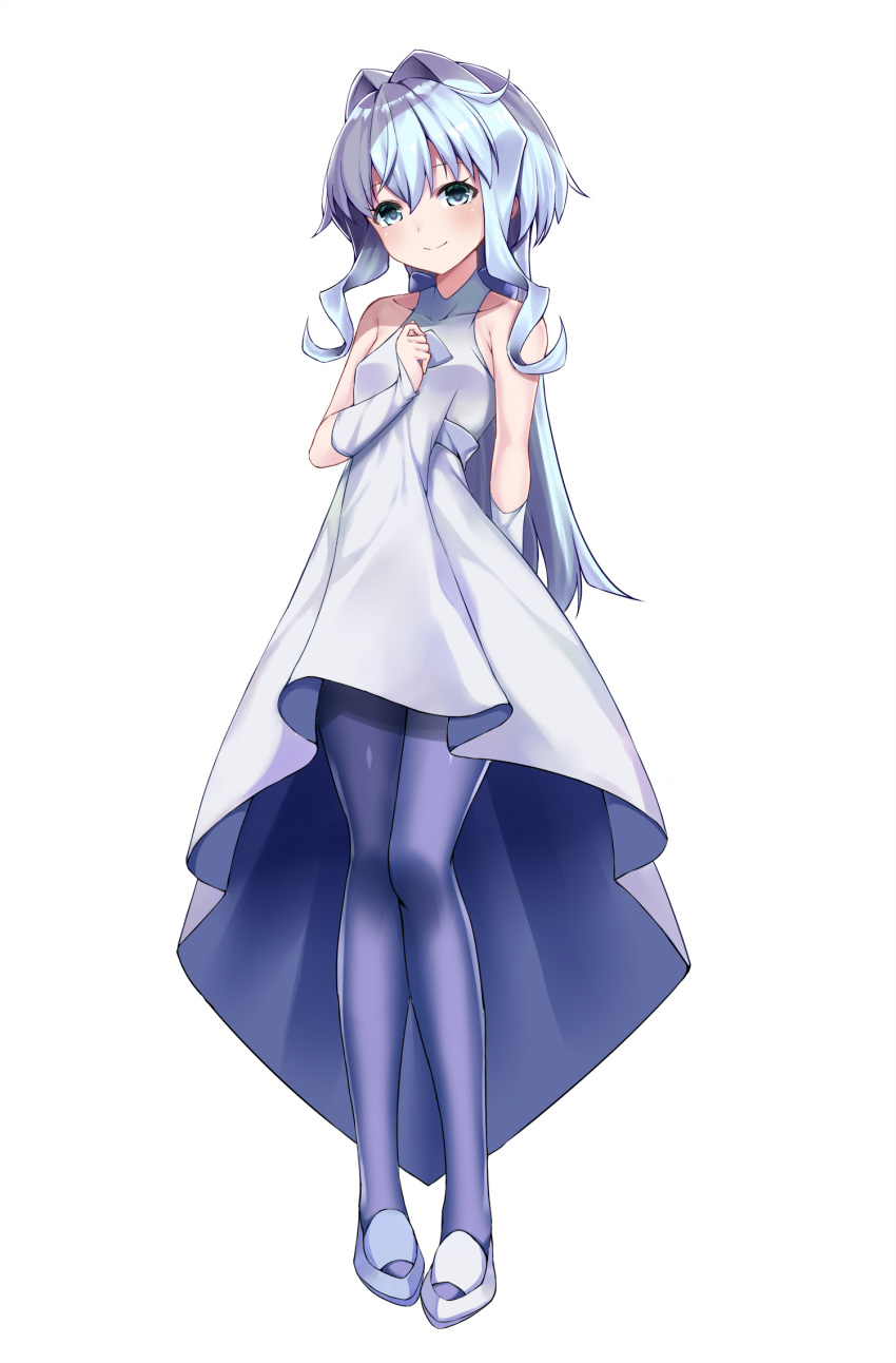 1girl, arm_behind_back, blue_eyes, blue_hair, blue_legwear, dress, female, full_body