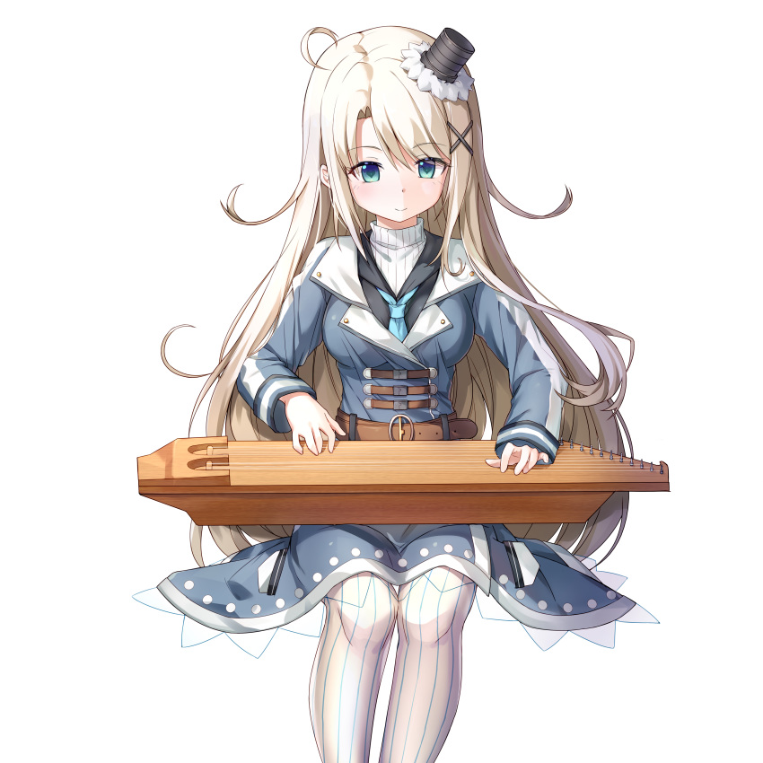 1girl, absurdres, ahoge, belt, blonde_hair, blue_eyes, blue_jacket, breasts, brown_belt, hamster_(hanmster), hat, highres, instrument, jacket, kantele, long_hair, long_sleeves, medium_breasts, military, military_jacket, military_uniform, mini_hat, music, pantyhose, playing_instrument, simple_background, sitting, solo, uniform, vainamoinen_(warship_girls_r), warship_girls_r, white_background, white_legwear