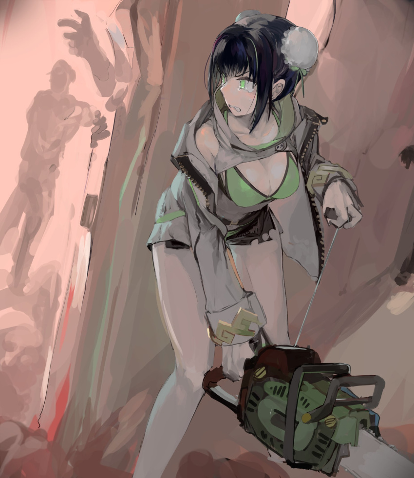 1girl, bikini, bikini_top, black_hair, breasts, bun_cover, chainsaw, chainsaw_of_the_dead