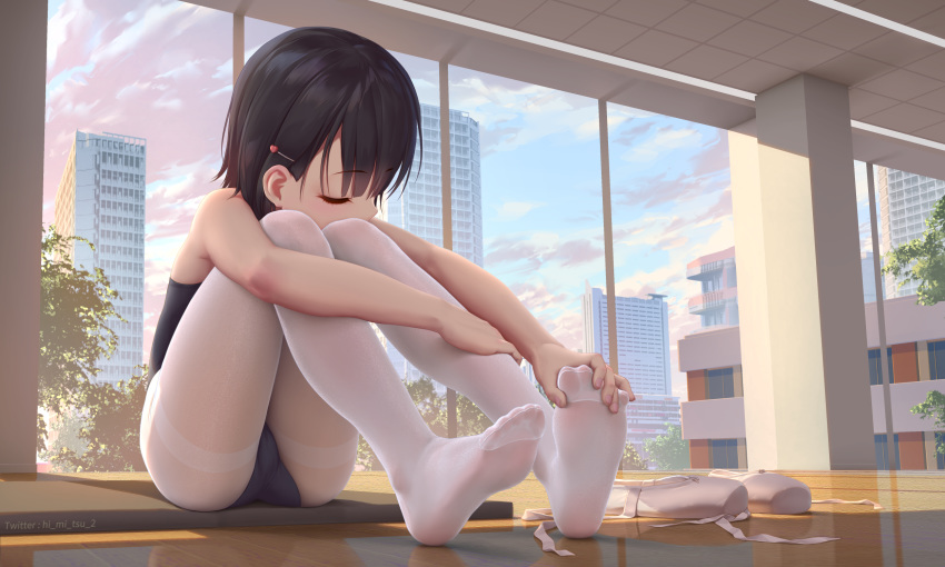 1girl, athletic_leotard, ballet_slippers, bangs, bare_arms, bare_shoulders, black_hair, blue_sky, building, cityscape, closed_eyes, clouds, commentary_request, day, eyebrows_visible_through_hair, gym, hair_ornament, hairpin, highres, himitsu_(hi_mi_tsu_2), indoors, knees_up, leg_hug, leotard, no_shoes, original, pantyhose, short_hair, sitting, sky, skyscraper, slippers_removed, soles, solo, sunlight, thighband_pantyhose, toes, tree, twitter_username, white_legwear, window