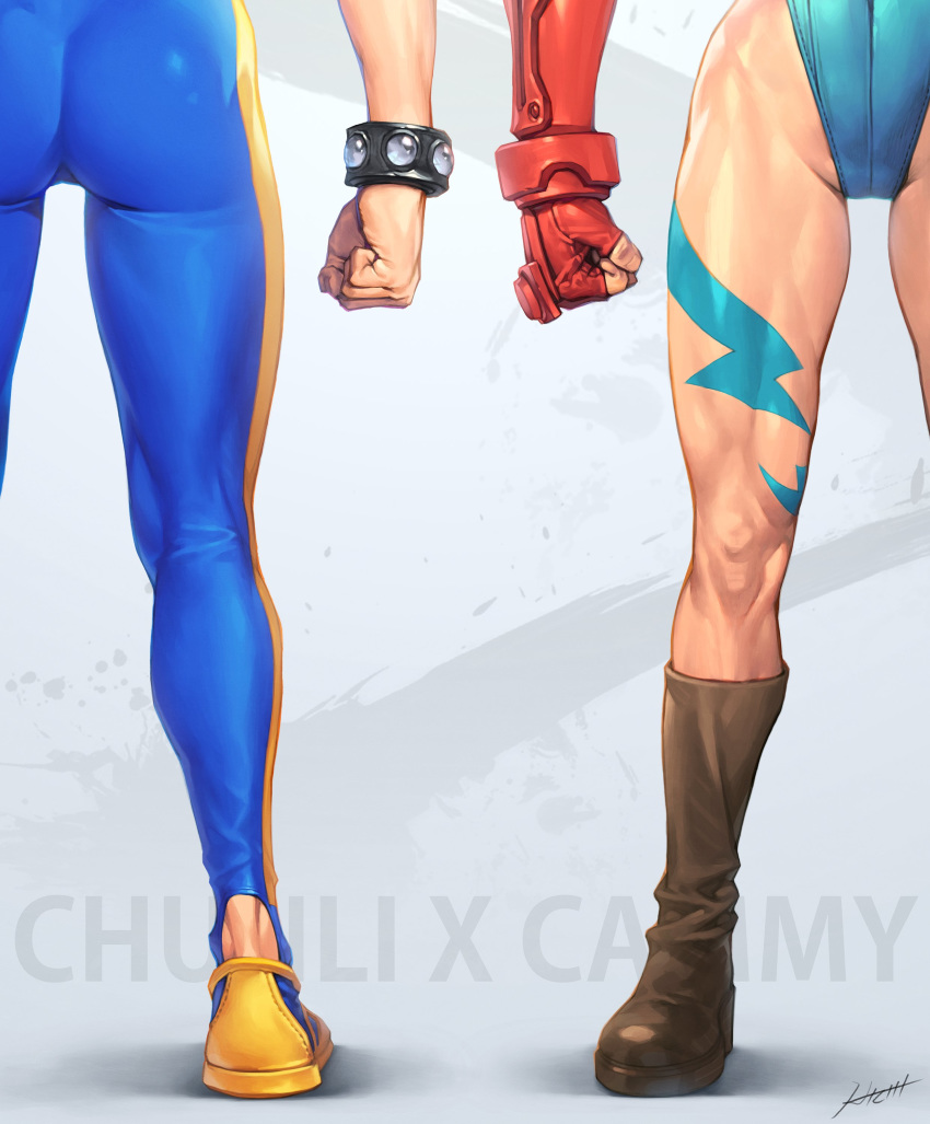 2girls, absurdres, aqua_leotard, ass, boots, bracelet, brown_footwear, cammy_white