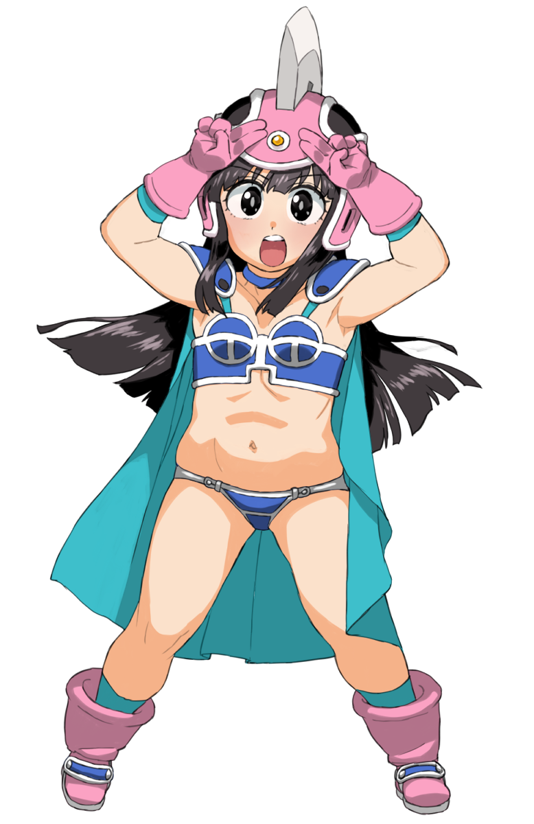 1girl, armor, armpits, arms_up, bikini, bikini_armor, black_eyes, black_hair
