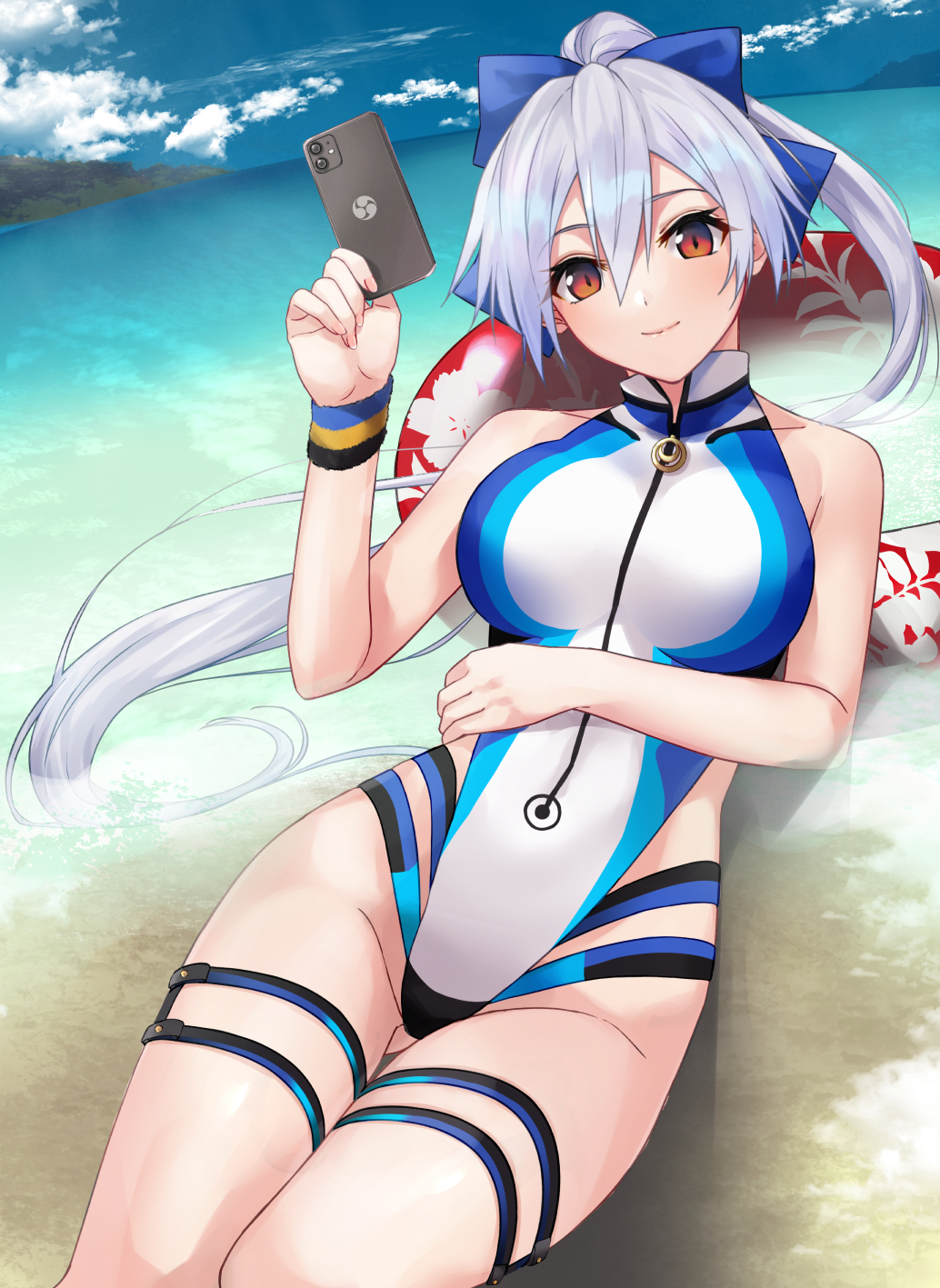 1girl, bangs, beach, blue_bow, blue_sky, blue_swimsuit, blush, bow
