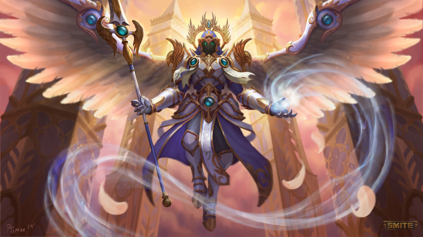 1boy, andy_timm, angel, armor, armored_boots, artist_name, boots, feathered_wings