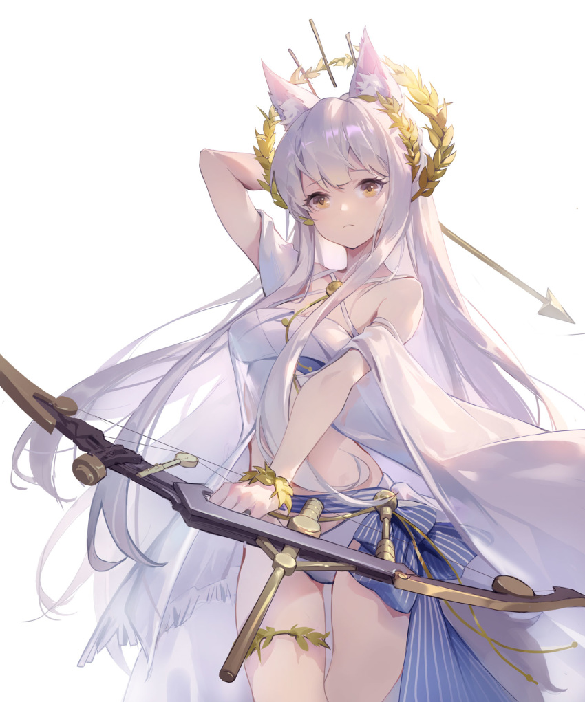 1girl, animal_ear_fluff, animal_ears, arknights, arm_up, arrow_(projectile), bandeau, bangs