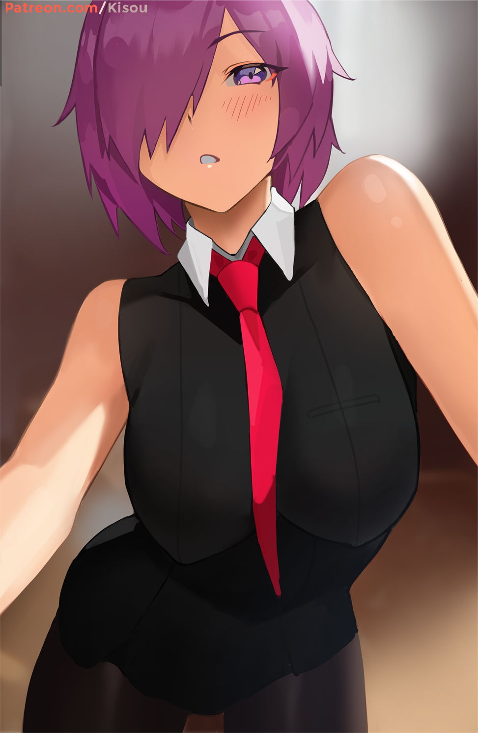 1girl, bangs, bare_shoulders, black_dress, black_legwear, blush, breasts, dress, fate/grand_order, fate_(series), hair_over_one_eye, highres, kisou, large_breasts, leaning_forward, looking_at_viewer, mash_kyrielight, necktie, pantyhose, parted_lips, purple_hair, red_neckwear, short_hair, sleeveless, sleeveless_dress, violet_eyes