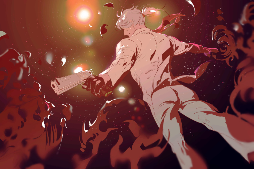 1boy, absurdres, alternate_costume, alternate_hairstyle, battle, black_gloves, closed_mouth, dante_(devil_may_cry), demon, devil_may_cry, devil_may_cry_(series), dmc_ink, dual_wielding, firing, formal, glint, gloves, grey_hair, gun, handgun, highres, holding, holding_gun, holding_weapon, male_focus, monster, petals, pistol, ponytail, red_neckwear, solo_focus, suit, weapon, white_suit