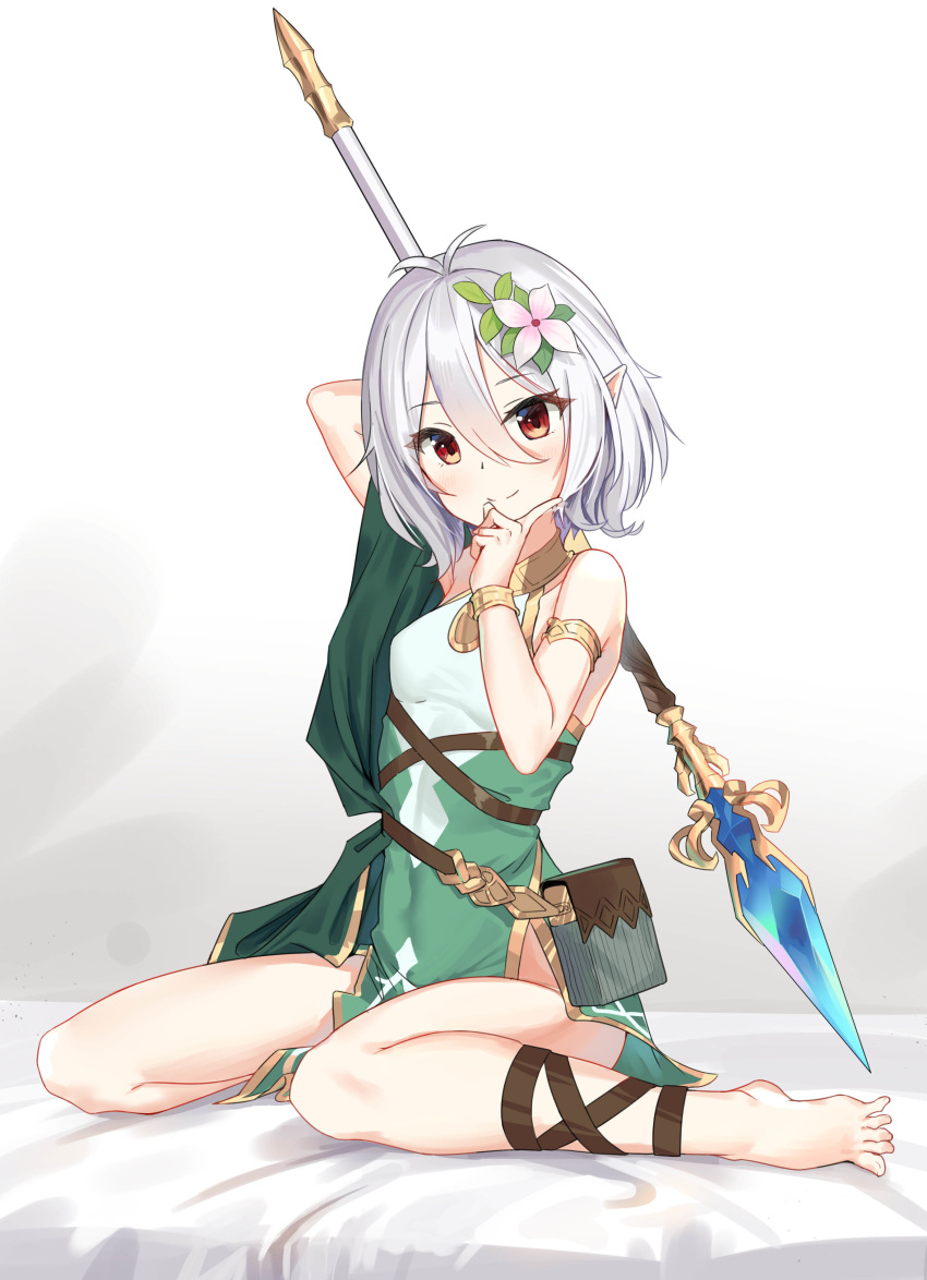 1girl, absurdres, ankle_strap, antenna_hair, armlet, bangs, bare_shoulders, barefoot