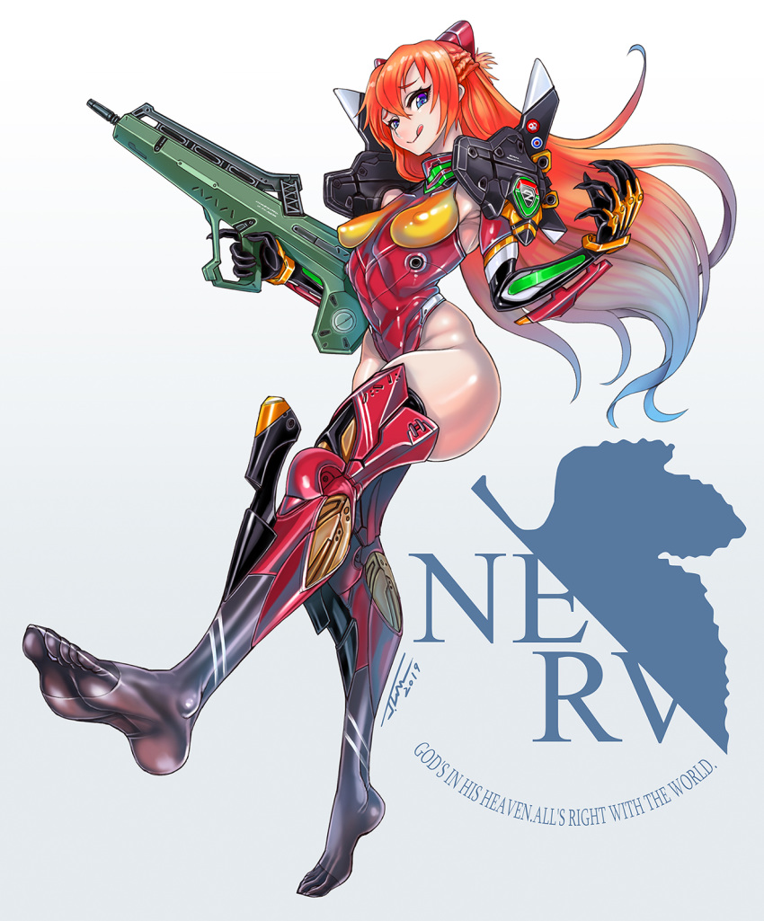 1girl, blue_eyes, eva_02, floating_hair, highres, jlm_(tc0658), looking_down, mecha_musume, neon_genesis_evangelion, open_hand, orange_hair, science_fiction, soles, solo, souryuu_asuka_langley, tongue, tongue_out