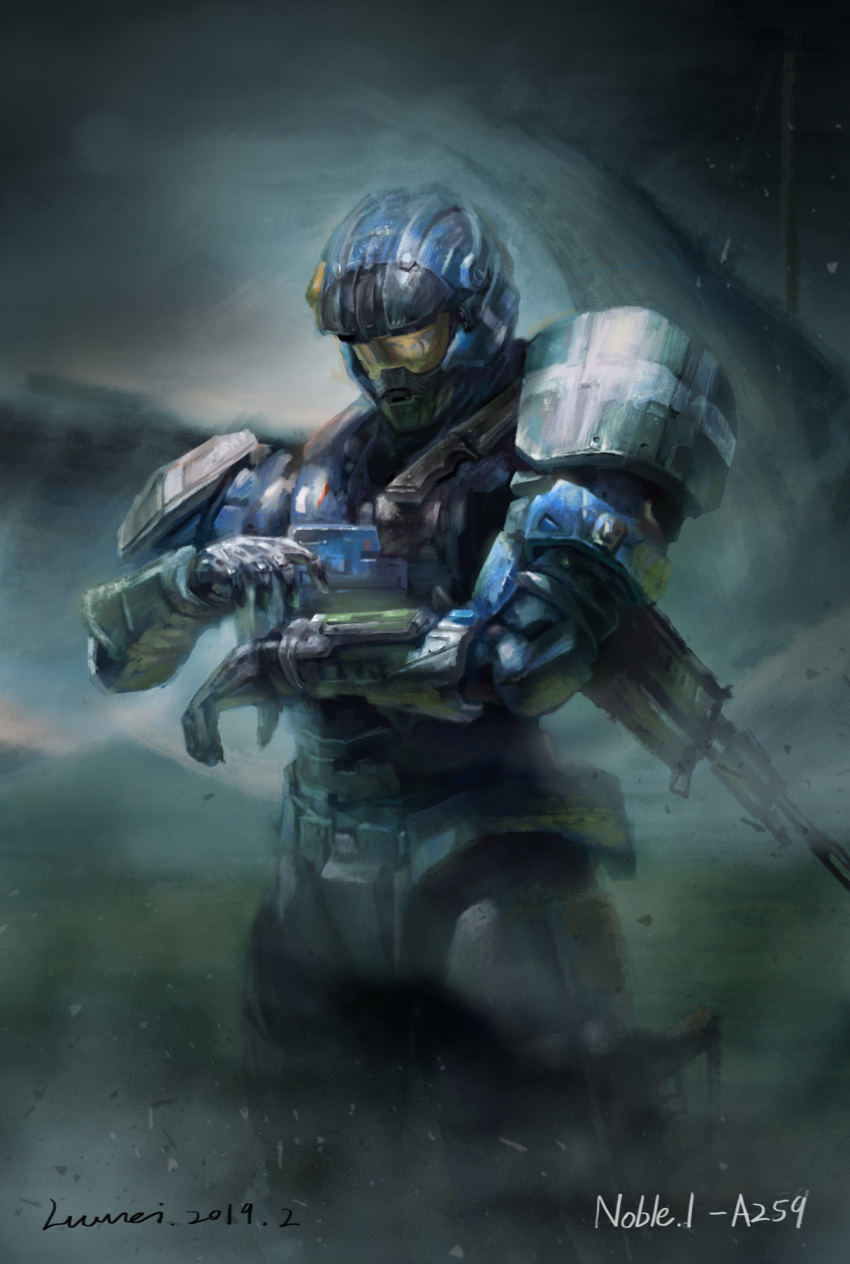 1boy, armor, carter-a259, character_name, gun, halo:_reach, halo_(game), hand_up, highres, holstered_weapon, loftiwei, looking_down, solo, spartan_(halo), visor, weapon