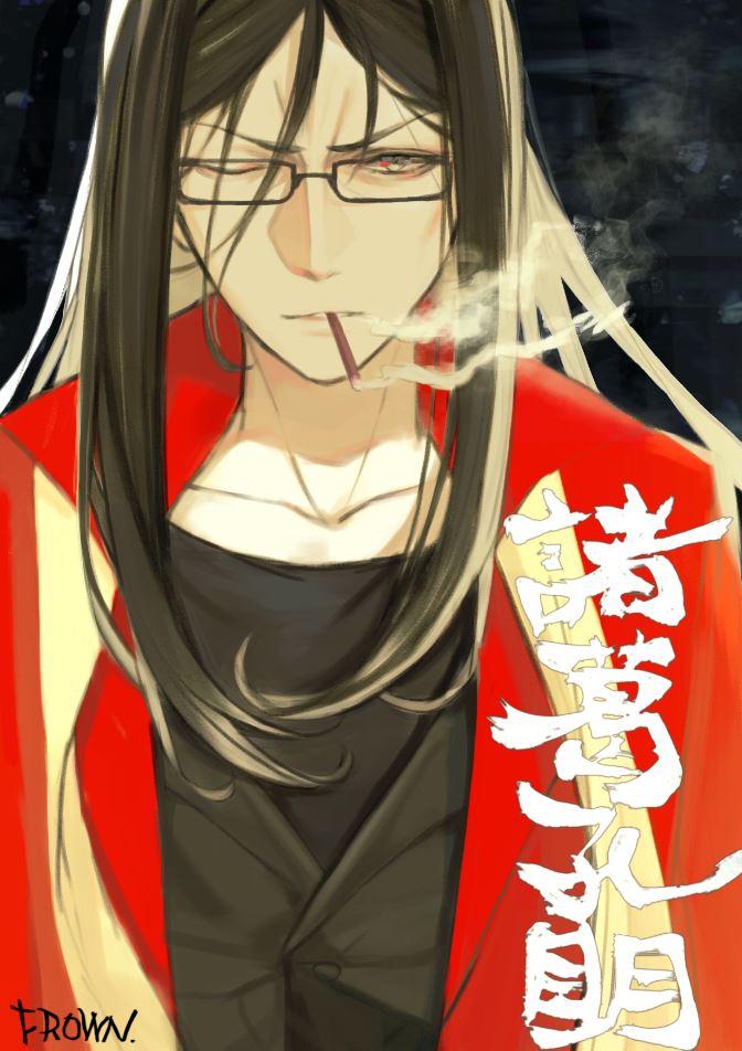 1boy, artist_name, black_clothes, black_hair, black_jacket, black_shirt, business_suit, cigarette