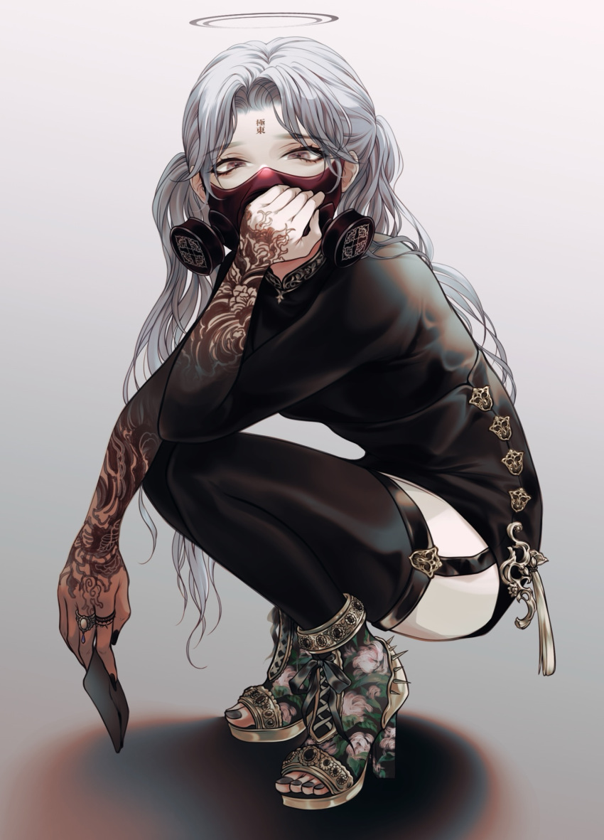 1girl, aki_(xxparadexx), arm_rest, arm_tattoo, bangs, between_fingers, black_dress, black_legwear