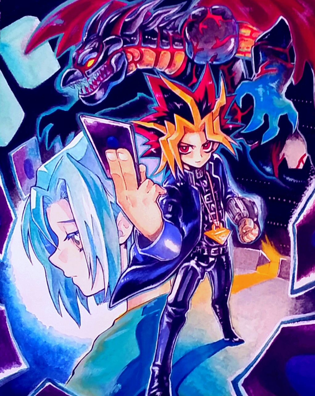 2boys, acrylic_paint_(medium), aoyama_shougo, belt, blue_hair, blurry, card, closed_mouth, coat, commentary_request, depth_of_field, dragon, duel_disk, duel_monster, highres, holding, holding_card, looking_at_viewer, looking_to_the_side, male_focus, meteor_b._dragon, millennium_puzzle, multicolored_hair, multiple_boys, pants, shimajiro, smile, standing, traditional_media, watercolor_pencil_(medium), yami_yuugi, yuu-gi-ou, yuu-gi-ou_(touei)