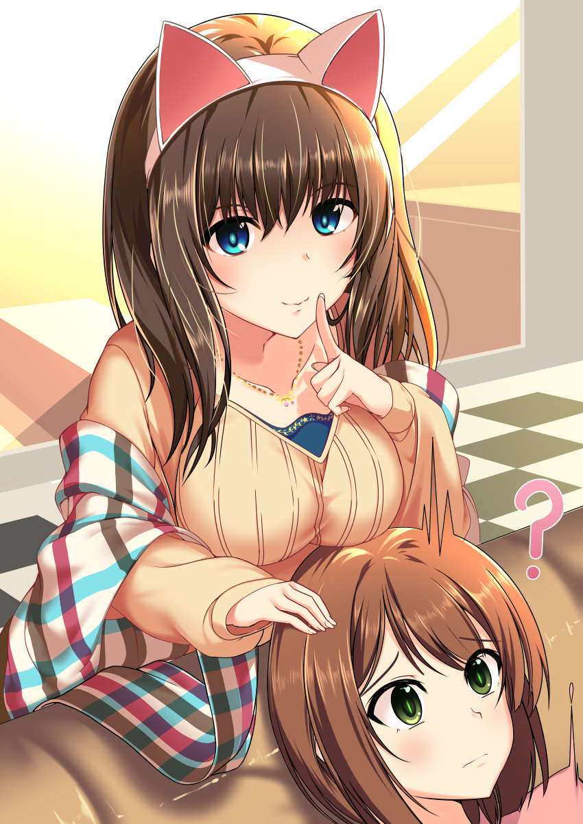 2girls, ?, absurdres, animal_ears, bare_shoulders, black_hair, blue_eyes, blush