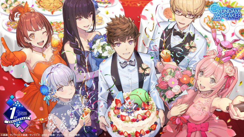 2boys, 4girls, aizen_touma, anniversary, artist_request, black_hair, bouquet, bow