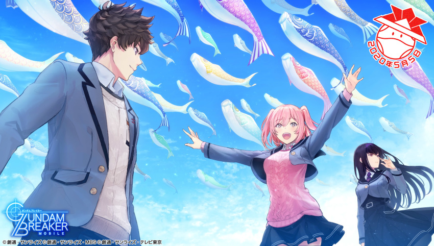 1boy, 2girls, arms_up, artist_request, black_hair, blazer, blue_sky, brown_hair
