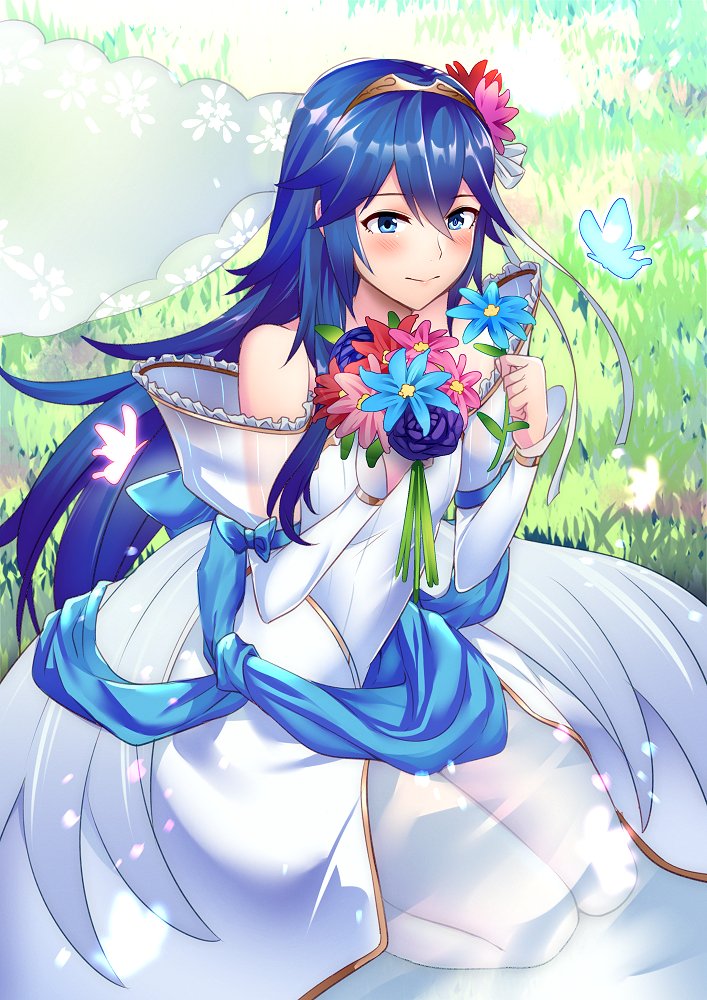 1girl, alternate_costume, ameno_(a_meno0), bare_shoulders, blue_bow, blue_butterfly, blue_eyes, blue_flower
