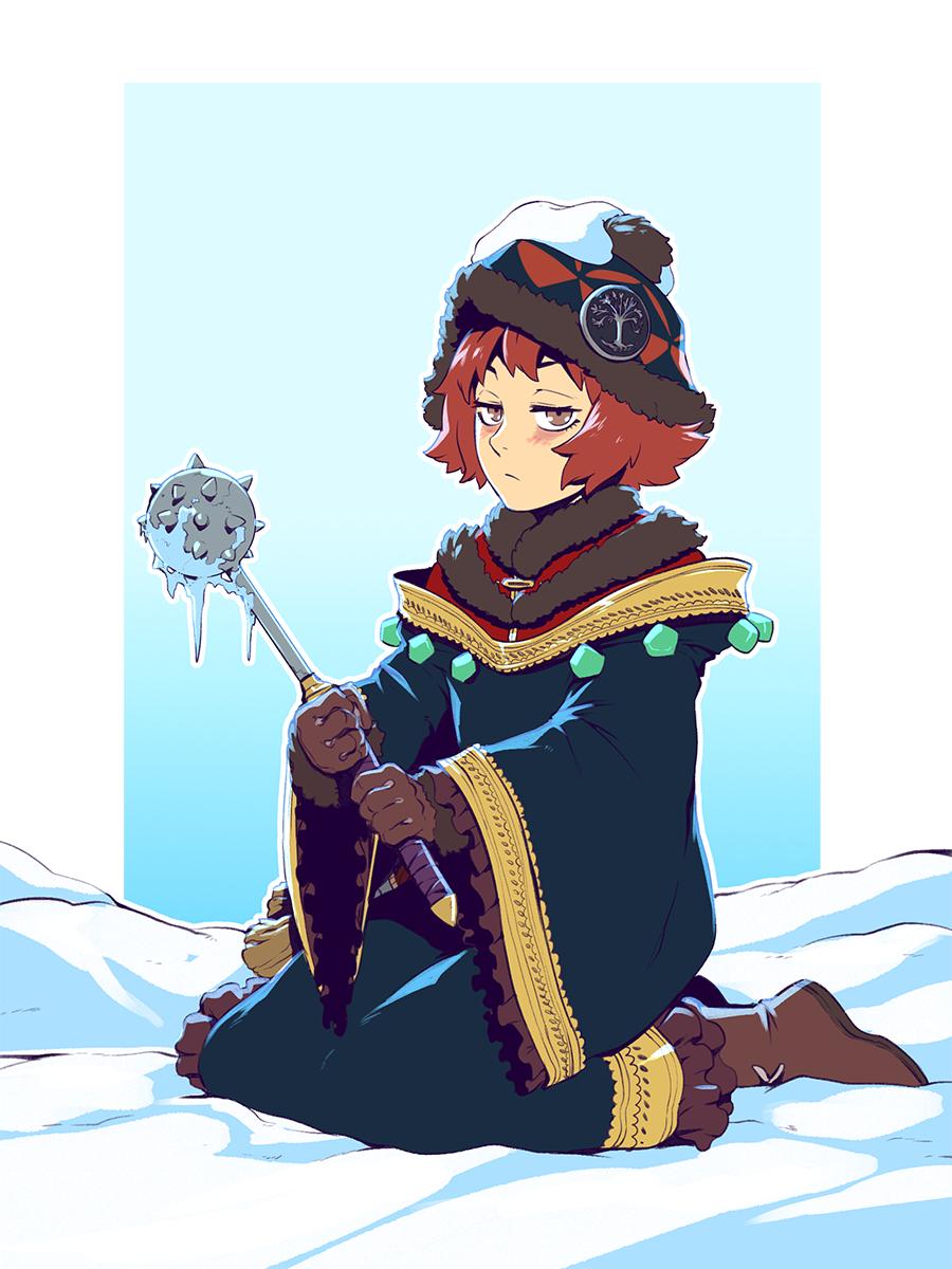 1girl, androgynous, bangs, blue_background, blush, boots, brown_footwear, brown_gloves