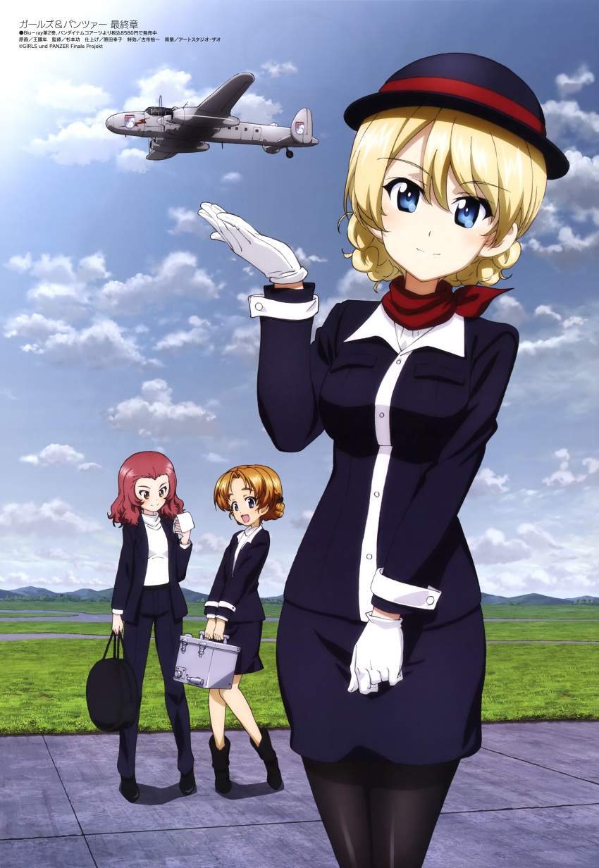 3girls, :d, absurdres, aircraft, airplane, bag, bangs, black_jacket