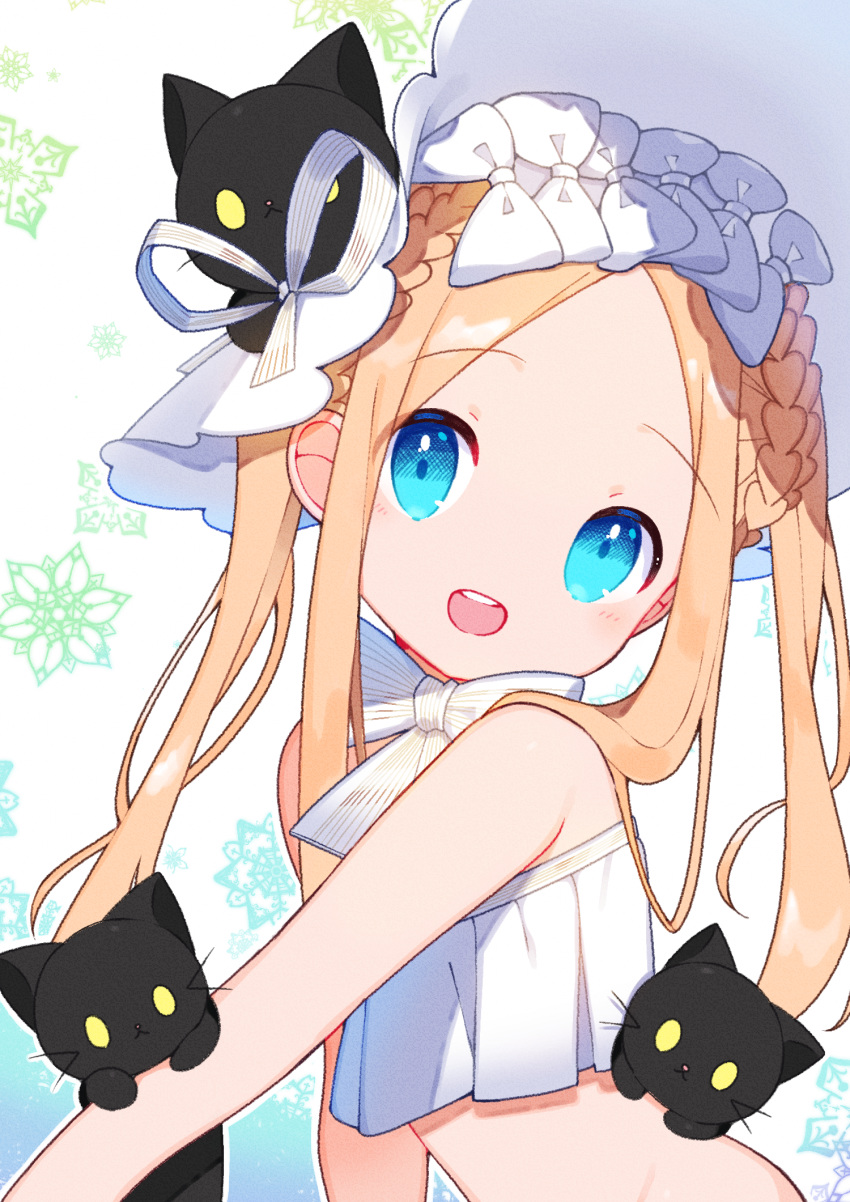 1girl, abigail_williams_(fate/grand_order), abigail_williams_(swimsuit_foreigner)_(fate), bangs, bare_shoulders, bikini, black_cat, blonde_hair, blue_eyes, blush, bonnet, bow, braid, breasts, cat, chomo_(kdeko), fate/grand_order, fate_(series), forehead, hair_bow, hair_rings, highres, long_hair, looking_at_viewer, open_mouth, parted_bangs, sidelocks, small_breasts, smile, swimsuit, twin_braids, twintails, very_long_hair, white_background, white_bikini, white_bow, white_headwear