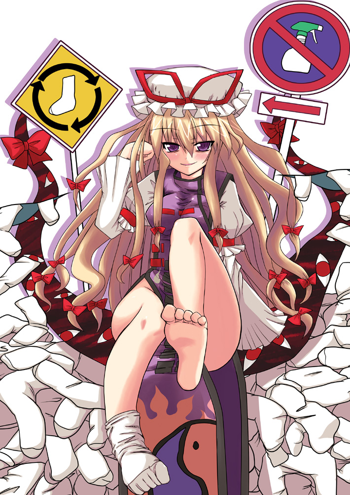 1girl, barefoot, blonde_hair, bonnet, cover, cover_image, cover_page, feet, gap_(touhou), hair_ribbon, hat, kurouso_(meikyou_shisui), long_hair, no_panties, ribbon, road_sign, roundabout_sign, sign, single_sock, socks, solo, toe_socks, touhou, violet_eyes, yakumo_yukari