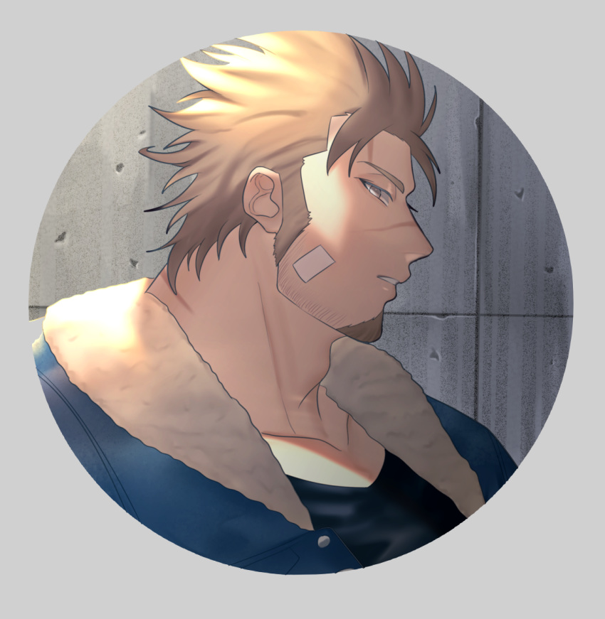 1boy, alternate_costume, bara, blonde_hair, chest, cropped_shoulders, facial_hair, goatee