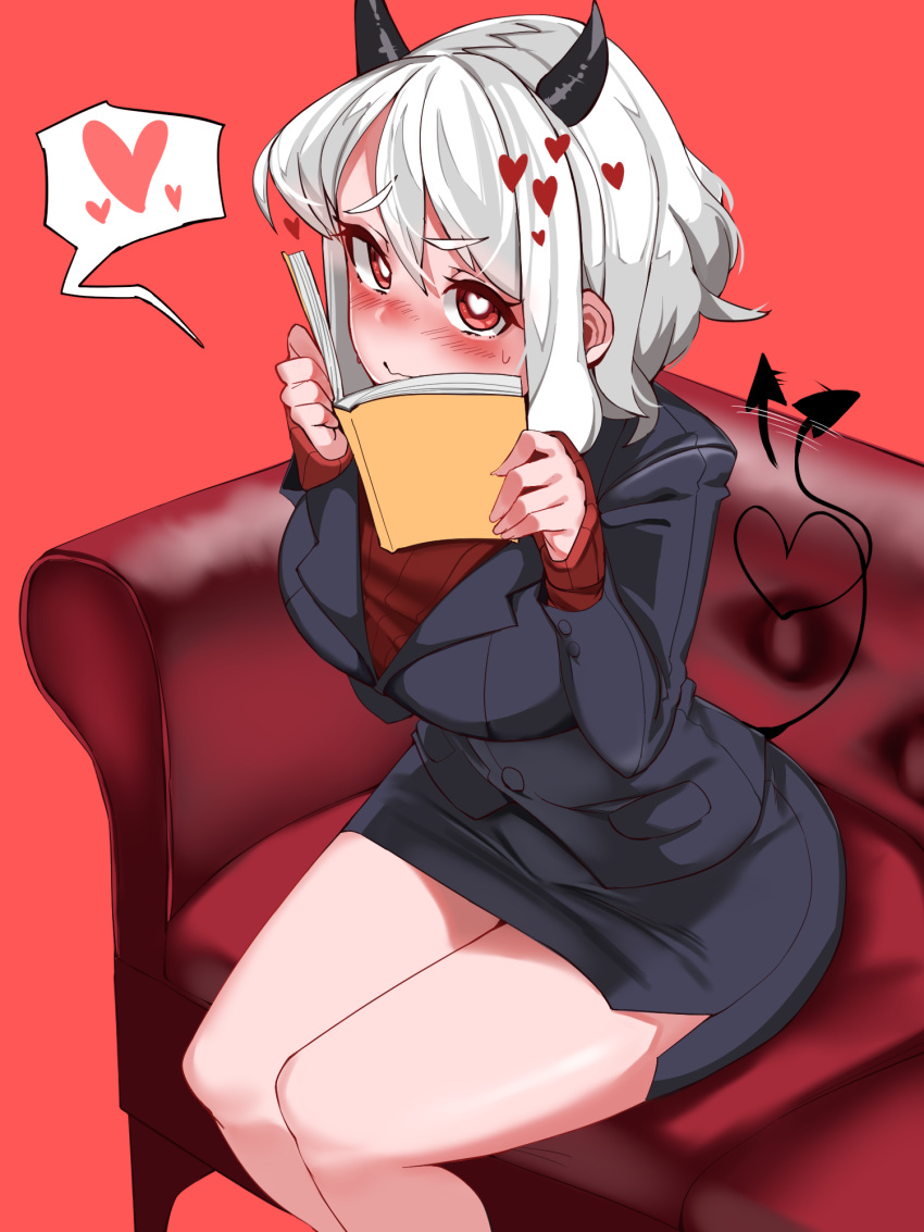 1girl, bangs, bare_legs, black_horns, black_jacket, black_skirt, blush, book