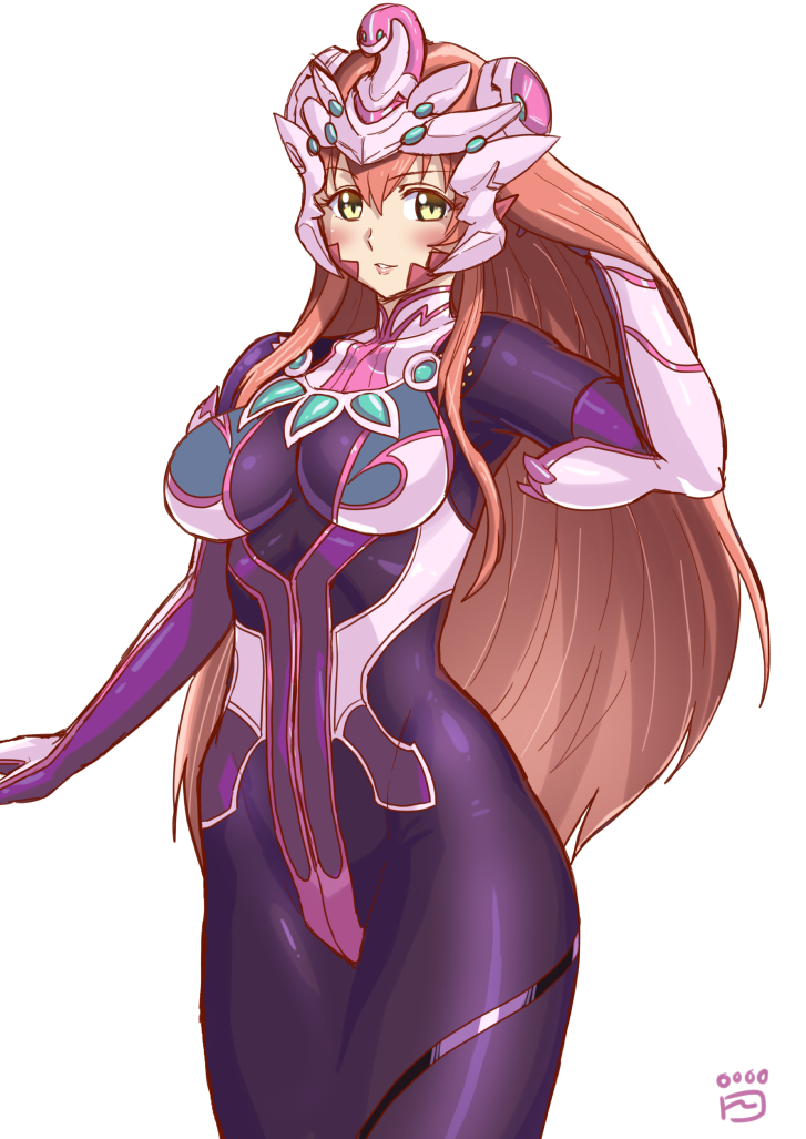 1girl, bodysuit, breasts, cosplay, cowboy_shot, english_commentary, eyebrows_visible_through_hair, finalcake