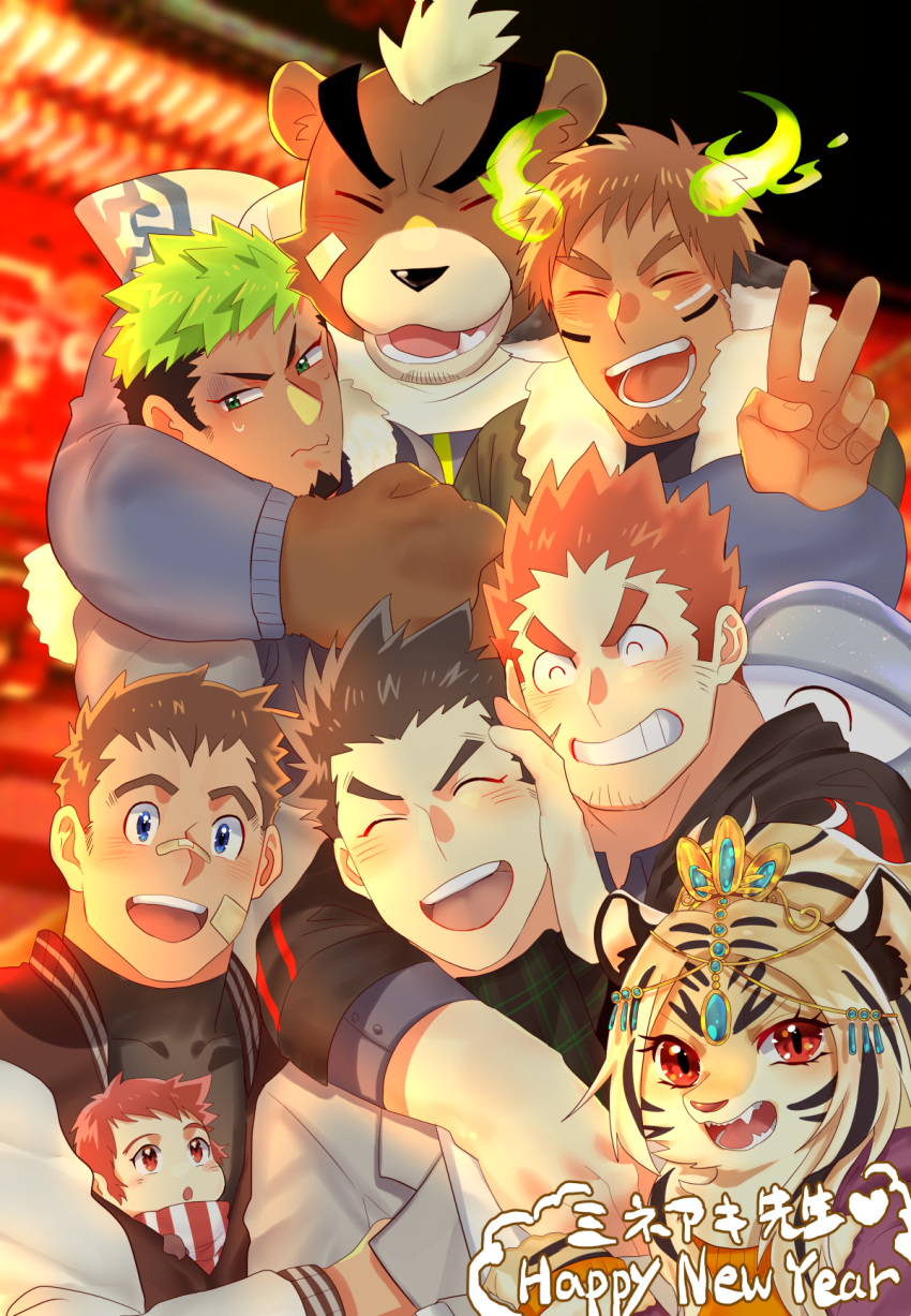 1boy, 1girl, 6+boys, ^_^, alternate_costume, animal_ears, arm_around_neck, ashigara_(tokyo_houkago_summoners)