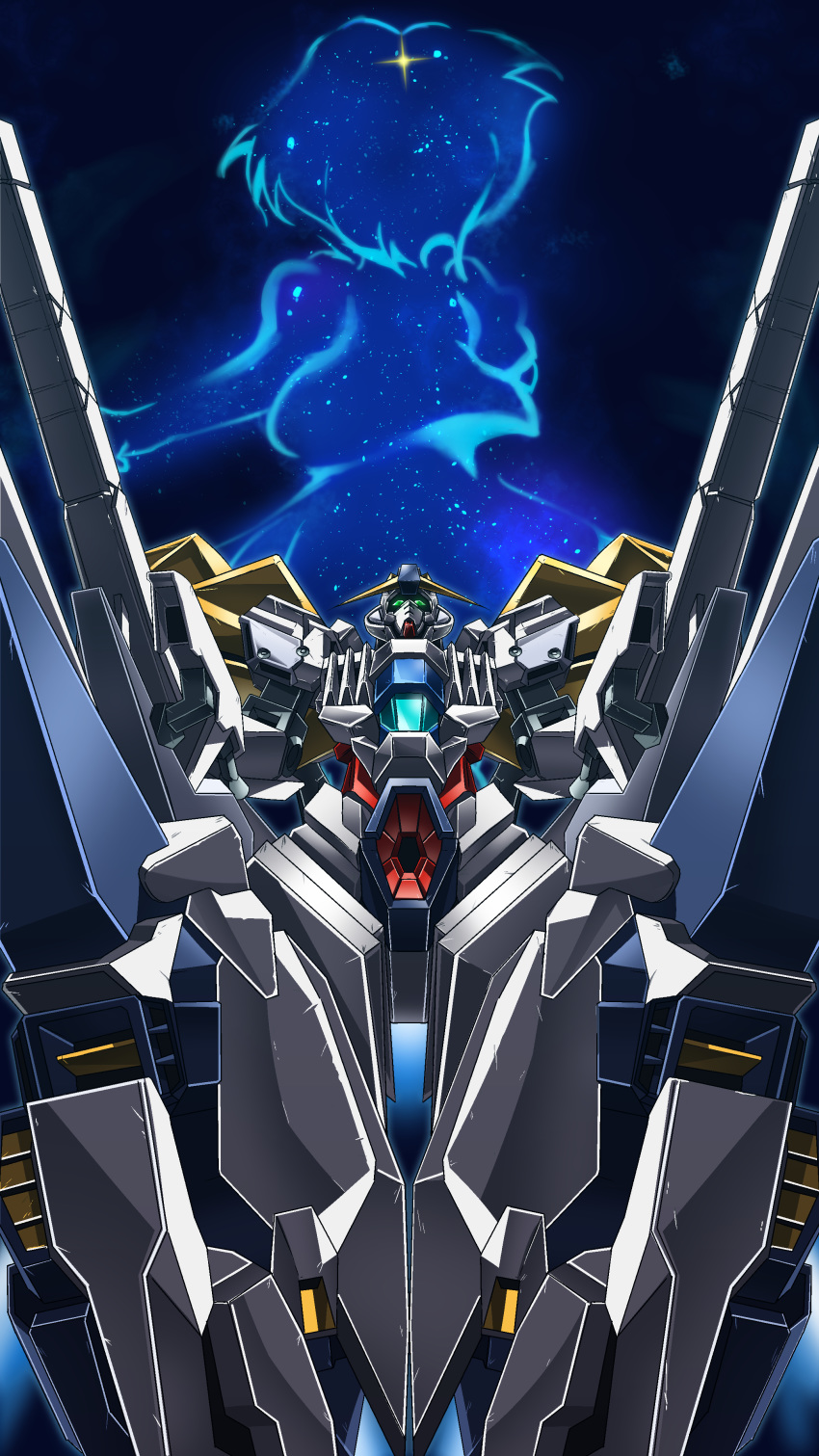 absurdres, destiny549-2, from_below, green_eyes, gundam, gundam_narrative, highres, looking_ahead