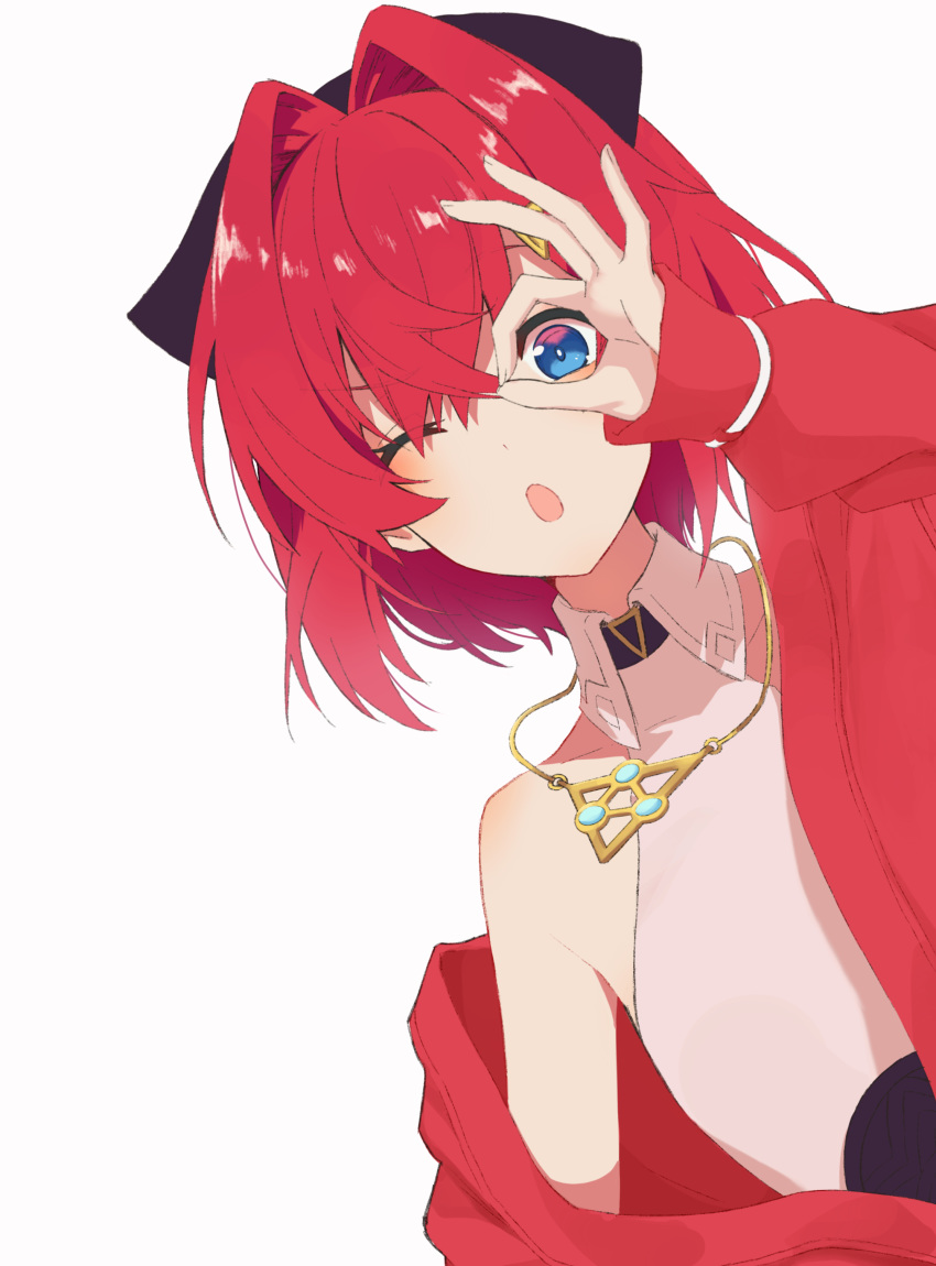 1girl, absurdres, ange_katrina, blue_eyes, commentary, dress, flat_chest, hair_between_eyes, hair_ornament, hairclip, hand_glasses, hand_over_eye, highres, jacket, jewelry, looking_at_viewer, necklace, nijisanji, off_shoulder, one_eye_closed, open_mouth, pendant, red_jacket, redhead, short_hair, simple_background, sleeveless, sleeveless_dress, solo, talunilu_uu3, upper_body, virtual_youtuber, white_background, white_dress, wing_collar