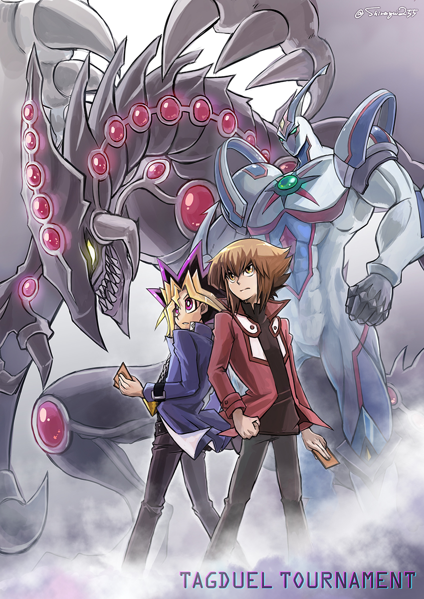 2boys, black_pants, blue_coat, brown_eyes, brown_hair, card, coat, dragon