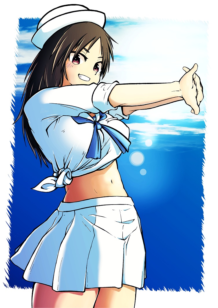1girl, bangs, black_eyes, black_hair, blouse, blue_neckwear, blue_sky, clouds