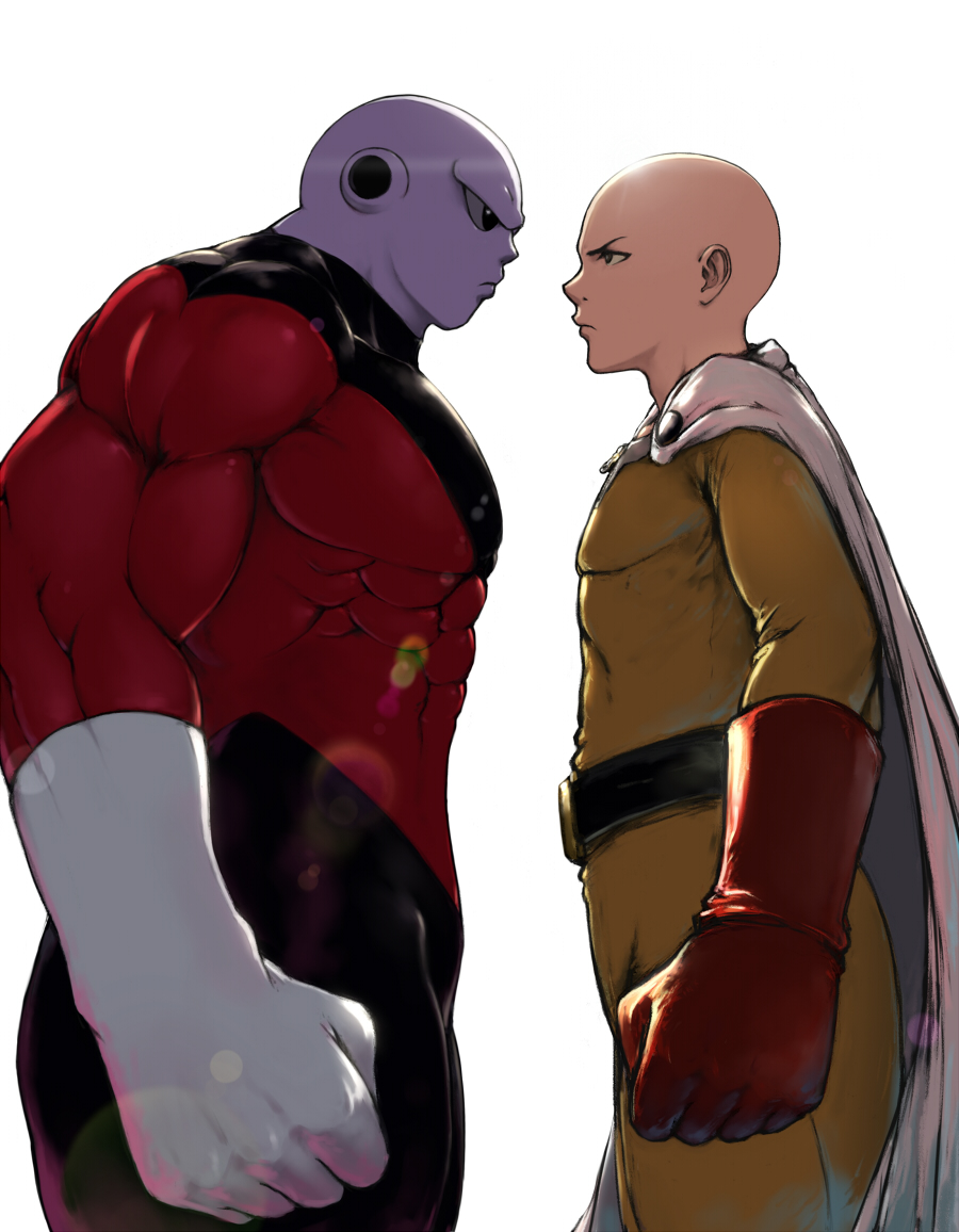 2boys, bald, belt, black_eyes, cape, confrontation, crossover, dragon_ball