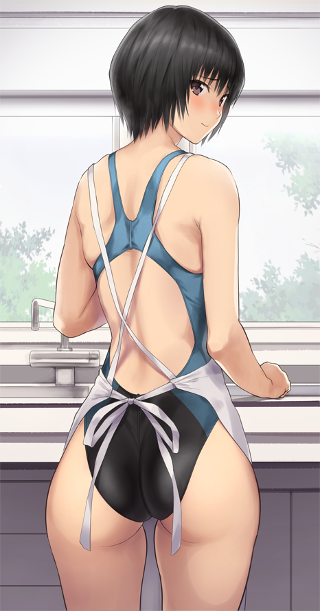 1girl, amagami, apron, ass, black_eyes, black_hair, black_swimsuit, bob_cut