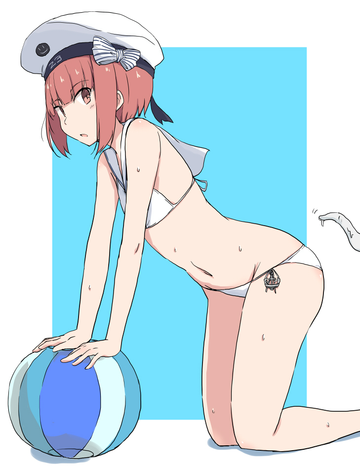 1girl, all_fours, anchor, ball, beachball, bikini, blue_background, brown_eyes