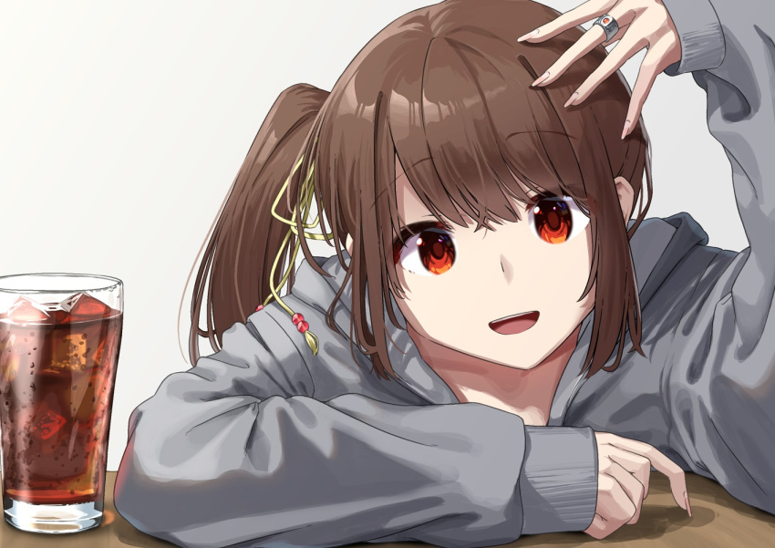 1girl, bangs, brown_hair, close-up, collarbone, cup, drink, eyebrows_visible_through_hair