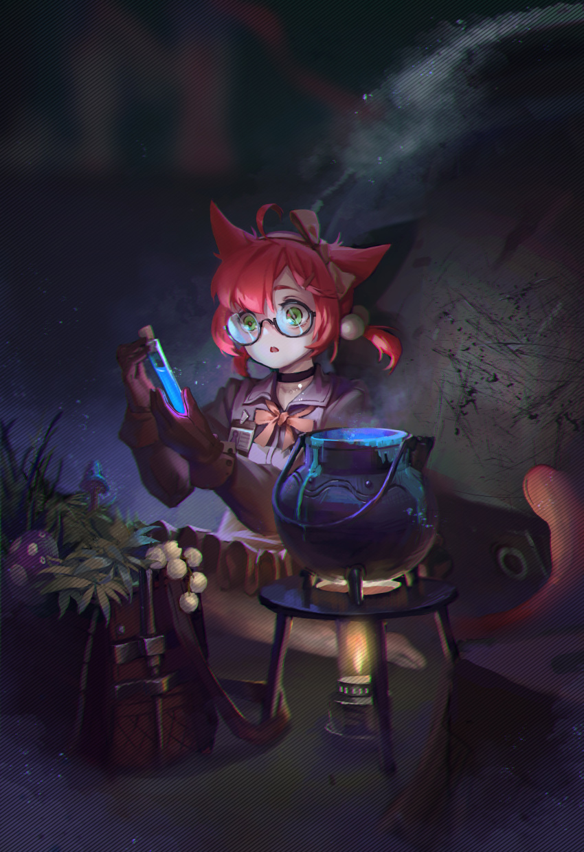 1girl, absurdres, animal_ears, arknights, blue_mushroom, brown_gloves, glasses, gloves