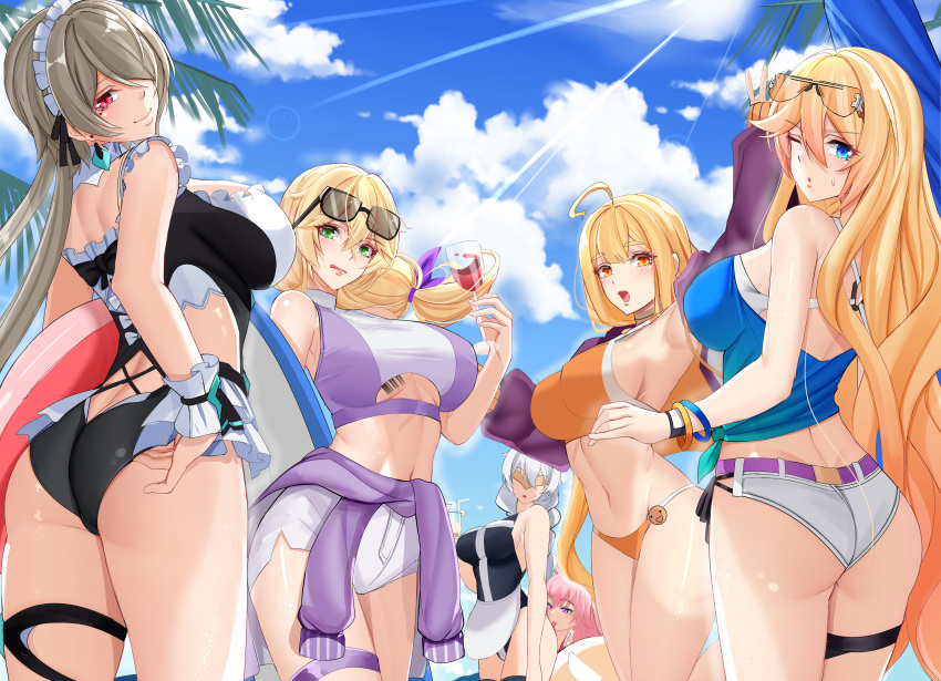 6+girls, absurdres, ahoge, ass, barcode_tattoo, bianka_durandal_ataegina, blonde_hair, blue_eyes, blue_sky, breasts, brown_hair, character_request, clothes_around_waist, clouds, cocktail_glass, commentary, cup, day, drinking_glass, earrings, eyewear_on_head, frilled_swimsuit, frills, genderswap, genderswap_(mtf), green_eyes, hair_between_eyes, hair_over_one_eye, highres, honkai_(series), honkai_impact_3rd, jewelry, kallen_kaslana, large_breasts, long_hair, looking_at_viewer, maid_headdress, maid_swimsuit, mole, mole_under_eye, multiple_girls, navel, noise_paper, otto_apocalypse, outdoors, palm_tree, pink_hair, red_eyes, rita_rossweisse, rita_rossweisse_(icy_sea_spray), shirt, shorts, silver_hair, sky, smile, standing, summer, sunglasses, sweater, sweater_around_waist, swimsuit, tattoo, tied_shirt, tree, twintails, very_long_hair, white_shorts, yae_sakura