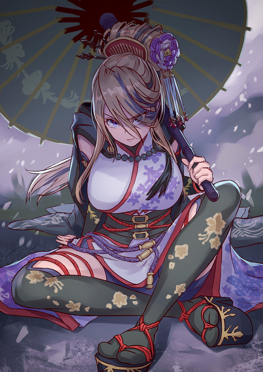 1girl, bangs, black_legwear, blonde_hair, breasts, cape, closed_mouth, hair_between_eyes