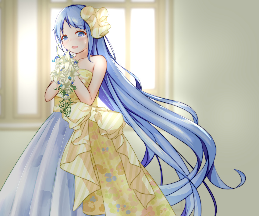 artist_request, blue_eyes, blue_hair, collarbone, dress, flower, highres, holding
