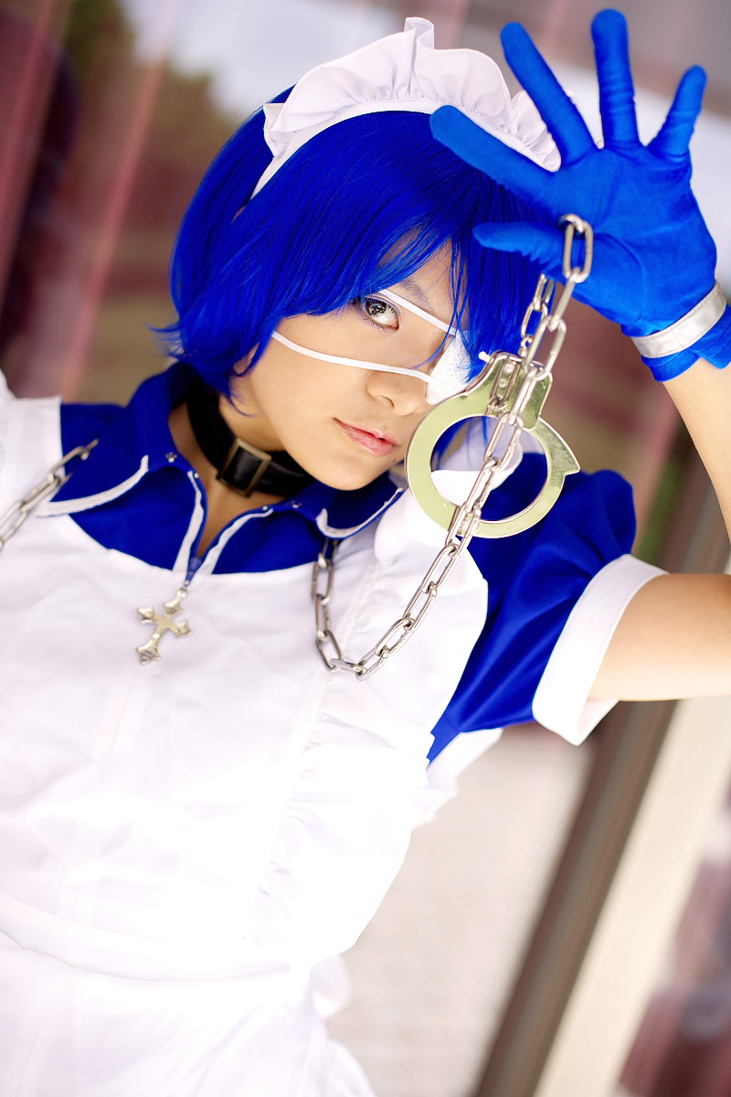 apron, cosplay, eyepatch, gloves, handcuffs, ikkitousen, maid, maid_uniform