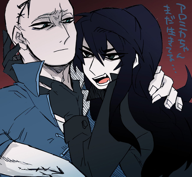 2boys, arrow_(the_saga_of_darren_shan), bald, black_coat, black_eyes, black_hair, blue_eyes, coat