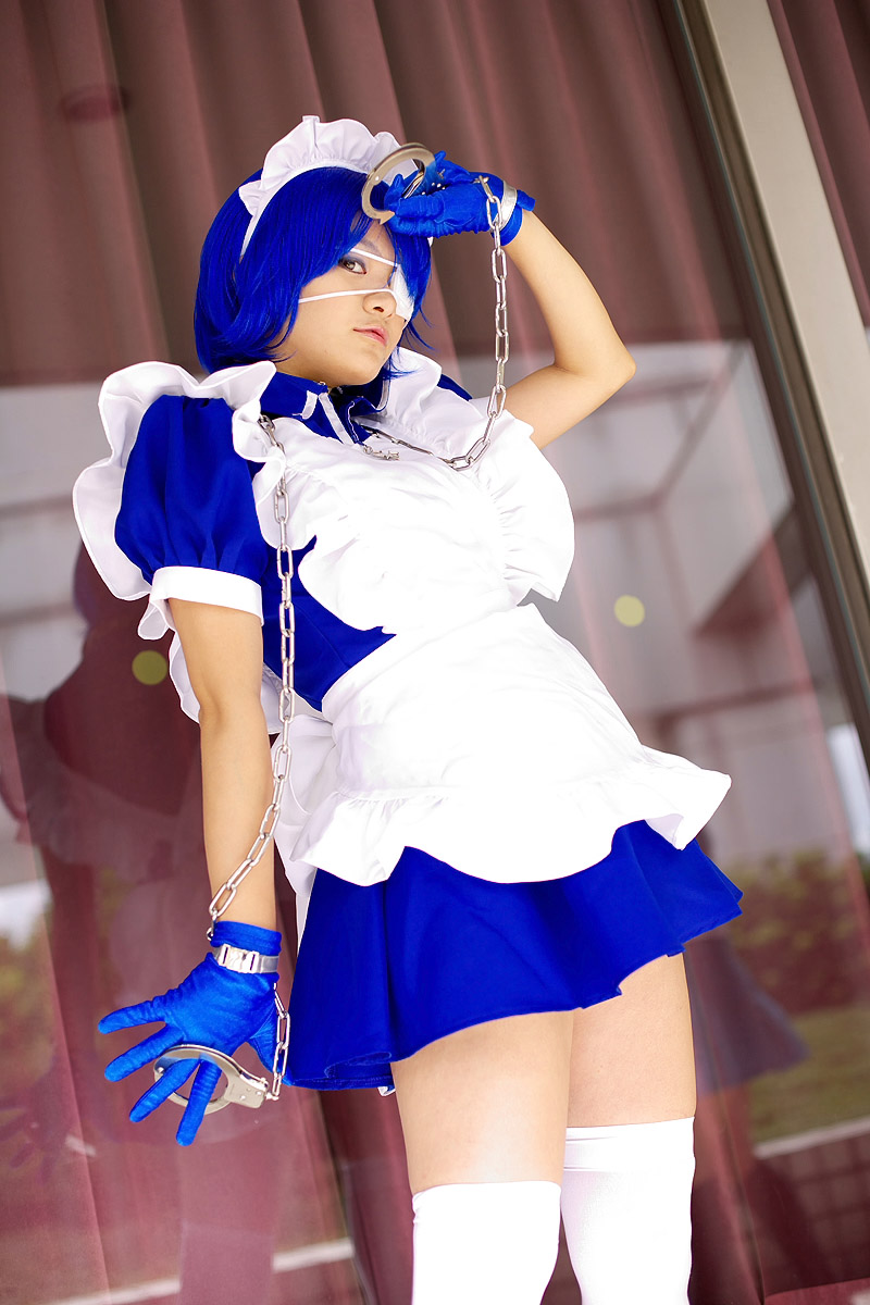 apron, cosplay, eyepatch, gloves, handcuffs, ikkitousen, maid, maid_uniform